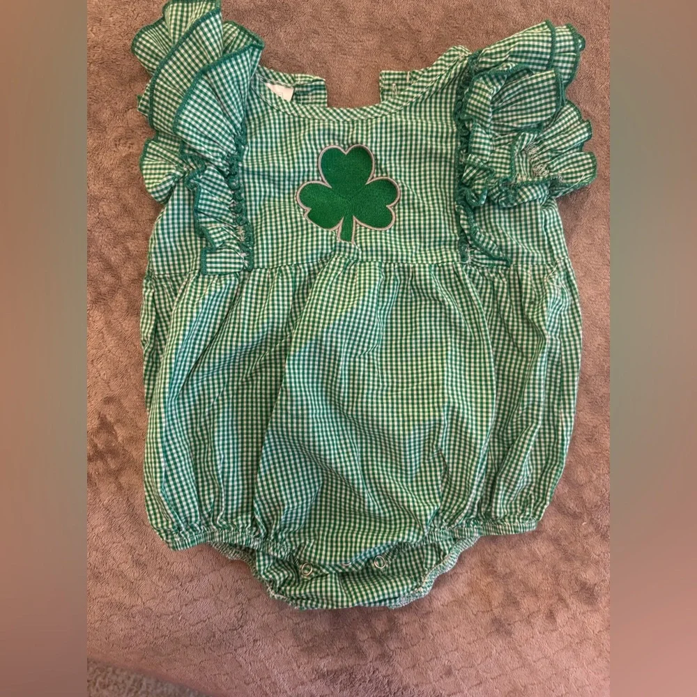 Green Gingham Shamrock Baby Bubble Romper - Kids Shirts & Tops - Picture 2 of 5